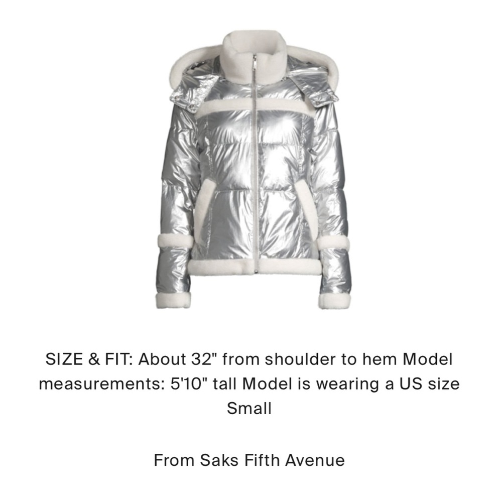 Sam Edelman METALLIC FLEECE TRIM HOODED PUFF COAT IN SILVER NWT - Picture 2 of 14